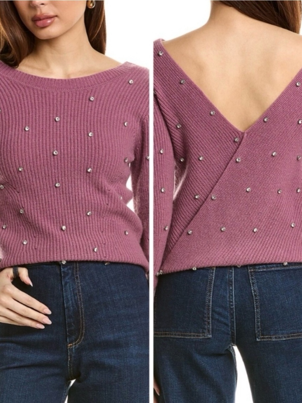 NWT Elie Tahari Cashmere Embellished V-Back Sweater - Dusty Mauve